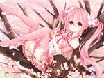  boots cherry_blossoms dango flower food hair_flower hair_ornament hatsune_miku high_heel_boots high_heels in_tree koyoi_(ruka) long_hair looking_at_viewer petals pink_footwear pink_hair pink_legwear red_eyes sakura_miku sitting sitting_in_tree skirt solo thigh_boots thighhighs tree twintails very_long_hair vocaloid wagashi 