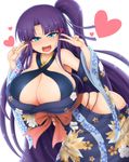  blue_eyes borrowed_character breasts cleavage fang heart highres hip_vent hips huge_breasts long_hair ponpo purple_hair side_ponytail simple_background skindentation smile solo v very_long_hair white_background 