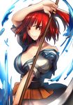  arm_up belt breasts chirigami-san cleavage highres large_breasts looking_at_viewer onozuka_komachi red_eyes red_hair sash scythe shirt skirt smile solo touhou two_side_up 
