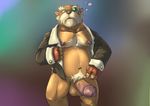  anthro areola balls blush body_hair chest_hair clothed clothing erection eyewear fur hair jacket league_of_legends looking_at_viewer male monocle musclegut navel nipples open_mouth pecs penis pubes slugsdog solo standing tagme tongue video_games 