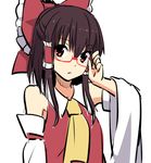  adjusting_eyewear ascot bare_shoulders bespectacled bow brown_hair detached_sleeves dress glasses hair_bow hair_tubes hakurei_reimu leon_(mikiri_hassha) long_sleeves looking_at_viewer md5_mismatch red-framed_eyewear red_dress red_eyes solo touhou upper_body wide_sleeves 