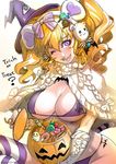  :d bad_id bad_pixiv_id bikini blonde_hair breasts capelet food halloween hat large_breasts long_hair one_eye_closed open_mouth original pumpkin purple_eyes simple_background smile solo sweets swimsuit thighhighs twintails white_background witch_hat yumeji_kiriko 