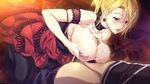  1girl areolae bare_shoulders blonde_hair blue_eyes blush bra bra_pull breast_squeeze breasts breasts_outside censored choker cum cum_in_mouth cum_on_breasts cum_on_hair cum_on_upper_body dress dungeon_of_regalias:_haitoku_no_miyako_ishgalia earrings eyebrows eyebrows_visible_through_hair facial game_cg hair_up highres huge_breasts kneeling legs looking_away m&amp;m mosaic_censoring nipples original paizuri pants_down parted_lips penis sitting smile solo_focus thighhighs thighs 