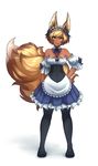  animal_ear_fluff animal_ears bare_shoulders black_legwear blonde_hair breasts corset dark_skin detached_collar detached_sleeves dress fox_ears fox_tail full_body green_eyes hand_on_hip headdress highres looking_at_viewer medium_breasts monorus original puffy_short_sleeves puffy_sleeves shoes short_hair short_sleeves simple_background slit_pupils smile solo tail white_background 