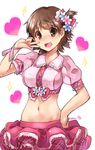  :d artist_name blush breasts brown_eyes brown_hair buttons collared_shirt cosplay cowboy_shot crop_top eyebrows eyebrows_visible_through_hair hand_on_hip hand_up heart honda_mio hug idolmaster idolmaster_cinderella_girls large_breasts layered_skirt midriff navel nose_blush one_side_up open_mouth paopao pink_check_school pink_shirt pink_skirt puffy_short_sleeves puffy_sleeves shimamura_uzuki shimamura_uzuki_(cosplay) shiny shiny_skin shirt short_hair short_sleeves simple_background skirt smile solo stomach sweat sweatdrop trembling v wavy_mouth white_background wristband 
