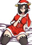  alternate_costume black_hair boots breasts brown_footwear capelet dress glasses green-framed_eyewear grey_eyes hairband hand_on_own_chest hat headgear highres kantai_collection kirishima_(kantai_collection) large_breasts red_dress santa_costume santa_hat sblack short_hair sitting solo thigh_boots thighhighs wariza zettai_ryouiki 