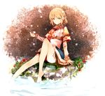  arm_warmers atoki bare_legs barefoot blonde_hair green_eyes highres mizuhashi_parsee pointy_ears sash scarf shirt sitting skirt smile solo touhou water 