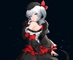  alternate_costume asymmetrical_sleeves back bangs bare_shoulders black_background black_bow black_hat bow closed_mouth cowboy_shot cross-laced_clothes dress frilled_sleeves frills from_behind fur_trim hair_ornament hat highres kantai_collection kashima_(kantai_collection) long_hair long_sleeves looking_at_viewer looking_back silver_eyes silver_hair solo twintails wide_sleeves yingji_(zszero) 