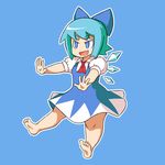  :d barefoot blue_eyes blue_hair blush bow cirno cravat dress eyebrows feet hair_bow hands highres ice ice_wings large_bow legs open_mouth outline outstretched_arms rokugurin short_eyebrows short_hair smile smug soles solo thick_eyebrows thick_thighs thighs toes touhou v-shaped_eyebrows wings 