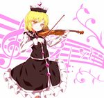  beamed_sixteenth_notes black_skirt black_vest blonde_hair blush crescent hat highres instrument long_sleeves looking_at_viewer lunasa_prismriver musical_note rie-co short_hair skirt smile solo touhou vest violin violin_bow white_background yellow_eyes 
