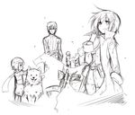  1girl androgynous animal artist_request child dog hat hermes kino kino_no_tabi long_coat long_hair master_(kino_no_tabi) monochrome motorad motorcycle partner_(kino_no_tabi) pouch_bags riku_(kino_no_tabi) scarf shizu short_hair solo tea_(kino_no_tabi) vehicle white_background 