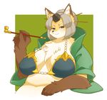  anthro big_breasts bra breasts canine chest_tuft clothing concon-collector female fox fur hair_up half-length_portrait hermit_fox_byakudan looking_at_viewer mammal pipe portrait solo tuft underwear yow 