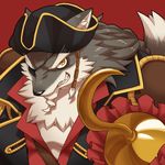  anthro canine chest_tuft clothed clothing concon-collector eye_patch eyewear fox fur hat hook male mammal official_art simple_background solo tricorne tuft yow 