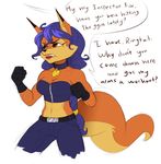  2016 4_fingers abs angry anthro beetlebird blue_hair breasts brown_eyes canine carmelita_fox choker cleavage clothed clothing dialogue ear_piercing female fox gloves hair halter_top mammal midriff navel pendant piercing sly_cooper_(series) solo video_games 