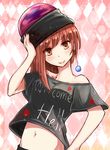 bad_id bad_pixiv_id bare_shoulders chain clothes_writing collar earrings earth_(ornament) hand_on_hip hat hecatia_lapislazuli highres jewelry long_hair polos_crown poyosuke red_eyes red_hair shirt skirt smile solo t-shirt touhou 