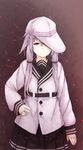  animal_print arm_at_side black_skirt brown_background bunny_print buttons closed_mouth collar cosplay cowboy_shot expressionless eyebrows eyebrows_visible_through_hair flat_cap hachikuji hair_between_eyes hair_tubes hand_on_hip hat hibiki_(kantai_collection) highres kantai_collection long_hair long_sleeves looking_at_viewer low_twintails purple_eyes purple_hair simple_background skirt solo twintails verniy_(kantai_collection) verniy_(kantai_collection)_(cosplay) vocaloid voiceroid white_coat white_hat yuzuki_yukari 