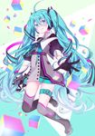  aqua_eyes aqua_hair asymmetrical_legwear belt black_gloves boots buttons dress gloves hair_between_eyes hatsune_miku headset holding holding_microphone knee_boots long_hair long_sleeves looking_at_viewer magical_mirai_(vocaloid) microphone necktie smile solo thigh_strap twintails very_long_hair vocaloid wogura 