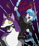 2017 action_pose angry anthro bit_gag blue_fur blue_hair breasts camelid clothed clothing dialogue digital_drawing_(artwork) digital_media_(artwork) domestic_cat duo energy_sword felid feline felis female feral feralized fur gag hair holding_leash holding_object hybrid leash leash_pull llama male mammal melee_weapon multicolored_fur open_mouth pose purple_eyes purple_hair radoslav_kovsai riding scared spacecraft sword text tuft two_tone_fur unknown_species vehicle vikna weapon white_fur yelling yellow_eyes zagura 