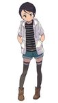  alternate_legwear black_hair black_legwear blush boots brown_eyes deepa_mitra denchuubou full_body hands_in_pockets highres hood hoodie looking_at_viewer new_horizon shirt short_hair shorts simple_background smile solo striped striped_shirt thighhighs white_background 