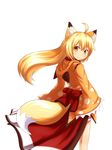  animal_ears blonde_hair fox_ears fox_tail from_behind highres horokusa_(korai) korai_(horokusa) long_hair looking_at_viewer looking_back original simple_background smile solo tail white_background 