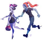  2girls basket blue_skin boots breasts extra_arms extra_eyes eyepatch fangs groundlion head_fins high_heels muffet multiple_girls purple_skin red_hair undertale undyne 