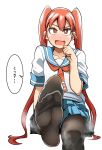  1girl black_legwear blush fang feet long_hair looking_at_viewer open_mouth orange_eyes orange_hair pantyhose pov pov_feet school_uniform serafuku sitting smell soles steam translated twintails ueno-san_wa_bukiyou ueno_(ueno-san_wa_bukiyou) 