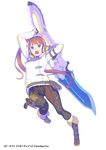  :o arms_up bangs belt_pouch black_gloves blue_eyes boots brown_hair capri_pants company_name copyright_name full_body gloves headphones holding holding_sword holding_weapon holster huge_weapon leg_up long_hair long_sleeves looking_at_viewer million_chain nagisa_kurousagi official_art open_mouth pants pouch side_ponytail simple_background solo sword teeth thigh_holster tongue two-handed weapon white_background white_coat 