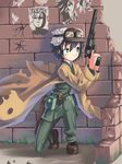  1girl androgynous artist_request black_eyes black_hair brick_wall brimmed_hat fur goggles gun hat holster kino kino_no_tabi long_coat pouch_bag revolver short_hair solo tagme wall wanted_poster weapon 