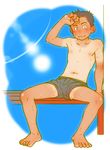  1boy barefoot blush male_focus smile solo sweat tan topless torte_(triggerhappy) underwear 