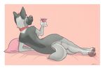  alcohol anthro beverage breasts butt canine eyes_closed female food lying mammal mochashep nude on_side pillow simple_background smile solo wine 
