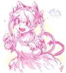  animal_ears braid cat_ears cat_tail dress extra_ears fangs hair_ribbon kaenbyou_rin limited_palette minato_hitori monochrome multiple_tails open_mouth paw_pose pink red_eyes ribbon sketch smile solo sparkle tail touhou translated twin_braids 