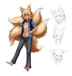  animal_ears backpack bad_id bad_tumblr_id bag ball_gag barefoot blonde_hair blue_eyes breasts expressions fox_ears fox_tail full_body furrowed_eyebrows gag groin hands_on_hips highres less looking_at_viewer multiple_tails multiple_views navel no_bra no_panties open_clothes open_shirt original pants sharp_toenails shirt small_breasts tail tan tanline teeth toenails 