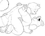  anal anal_penetration anthro anvil_position ass_up bear black_and_white duo eroborus eyes_closed holding_butt kneeling legs_up line_art lying male male/male mammal monochrome on_back open_mouth pawpads penetration plantigrade raccoon sex sweat 