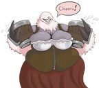  anthro belly big_belly big_breasts bodily_fluids breasts chthon cleavage clothed clothing eyeless female igraine lactating liarborn mammal milk obese obese_anthro obese_female overweight overweight_anthro overweight_female simple_background solo text 