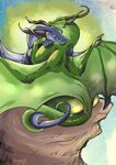  2016 ambiguous_gender bat_wings black_horn blue_eyes blue_scales butt cliff dragon duo english_text feral green_eyes green_scales hi_res horn hug looking_at_viewer membranous_wings nude outside rock scales signature sitting sky smile text wanderlustdragon wings 