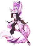  2016 anthro areola blue_eyes blue_nipples blue_nose breasts clothed clothing english_text feline female fishnet fur hair half-closed_eyes hi_res korri leopard long_hair looking_at_viewer maid_uniform mammal myloveless navel nipples purple_fur purple_hair raised_arm signature simple_background smile snow_leopard spots teeth text topless uniform white_background white_fur 