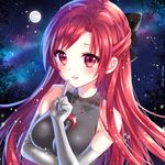  :d artist_name bangs black_bow blush bow breasts crescent elbow_gloves full_moon glint gloves grey_gloves hair_bow index_finger_raised jewelry lips long_hair looking_at_viewer medium_breasts moon natsumii_chan necklace night night_sky open_mouth original outdoors parted_lips pendant red_eyes red_hair skin_tight sky sleeveless smile solo sparkle star_(sky) starry_sky tareme taut_clothes teeth upper_body very_long_hair 