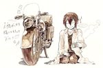  1girl androgynous artist_request black_hair cup female hermes kino kino_no_tabi long_coat monochrome motorad motorcycle short_hair solo steam translation_request vehicle white_background 