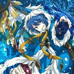  1boy blue_eyes blue_hair commentary_request fingerless_gloves fur_trim gloves hood hooded_jacket jacket last_period male_focus nero_(last_period) open_mouth rito_vcld9 snowflakes solo staff 