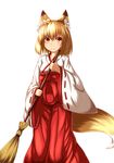  animal_ears blonde_hair fox_ears fox_tail highres horokusa_(korai) japanese_clothes looking_at_viewer miko original short_hair simple_background smile solo tail white_background 