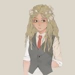  ammeja boku_no_hero_academia crown_of_thorns flower green_eyes green_hair grey_background hair_flower hair_ornament long_hair necktie plant plant_hair school_uniform shiozaki_ibara simple_background solo teeth thorns vest vines 