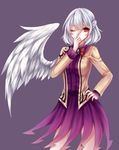  absurdres angel_wings bad_id bad_pixiv_id bow braid breasts brooch brown_jacket covering_mouth cowboy_shot dress finger_on_nose french_braid hand_on_hip hand_over_own_mouth highres jacket jewelry kishin_sagume long_sleeves looking_at_viewer medium_breasts one_eye_closed purple_background purple_dress red_eyes sheya silver_hair simple_background single_wing solo thighs touhou white_wings wings 