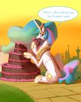  2015 better_version_at_source cake canterlot crown cutie_mark eating english_text equine feathered_wings feathers female feral food friendship_is_magic fur hair hi_res horn jewelry looking_at_viewer mammal moonlitbrush_(artist) multicolored_hair my_little_pony necklace open_mouth outside princess_celestia_(mlp) purple_eyes sitting sky solo text white_feathers white_fur winged_unicorn wings 