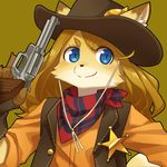  ambiguous_gender anthro badge bandanna canine clothing concon-collector cowboy_hat fox fur gun handgun hat mammal official_art ranged_weapon revolver simple_background solo vest weapon yow 