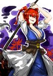 bad_id bad_pixiv_id breasts cleavage flower hair_bobbles hair_ornament huge_breasts japanese_clothes kan_(aaaaari35) onozuka_komachi open_mouth red_eyes red_hair scythe solo spider_lily touhou two_side_up 