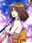  blue_eyes bosch bra breasts brown_hair detached_sleeves final_fantasy final_fantasy_x green_eyes hair_ornament hakama heterochromia holding holding_wand japanese_clothes jewelry large_breasts necklace short_hair smile solo staff underwear wand yuna_(ff10) 