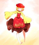  :d ^_^ aki_minoriko apron barefoot blonde_hair blush brown_skirt closed_eyes floral_print food fruit grapes hat highres juliet_sleeves long_sleeves mob_cap open_mouth puffy_sleeves red_apron ribbon_trim rie-co shirt short_hair skirt smile solo touhou wide_sleeves yellow_shirt 