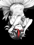  bad_id bad_pixiv_id black_background bow bracelet breasts dress fangs fingernails half-closed_eye hands_on_own_head highres jewelry kijin_seija long_hair looking_at_viewer monochrome multicolored_hair nail_polish open_mouth red_eyes red_hair red_nails sharp_fingernails sheya short_sleeves small_breasts solo spot_color streaked_hair teeth tongue touhou upside-down 
