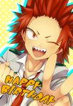  bitou blush boku_no_hero_academia fangs happy_birthday kirishima_eijirou male_focus necktie one_eye_closed open_mouth orange_eyes red_hair school_uniform solo spiked_hair u.a._school_uniform upper_body 