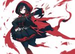  bandolier belt black_dress black_hair black_legwear bullet cape cloak corset cross dress frilled_dress frills hood hooded_cloak long_sleeves mamuru pantyhose petals red_cape rose_petals ruby_rose rwby short_hair silver_eyes simple_background skirt solo 